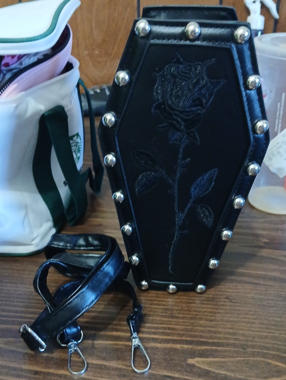 Gothic Black Coffin Crossbody Bag with Embossed Rose NWOT